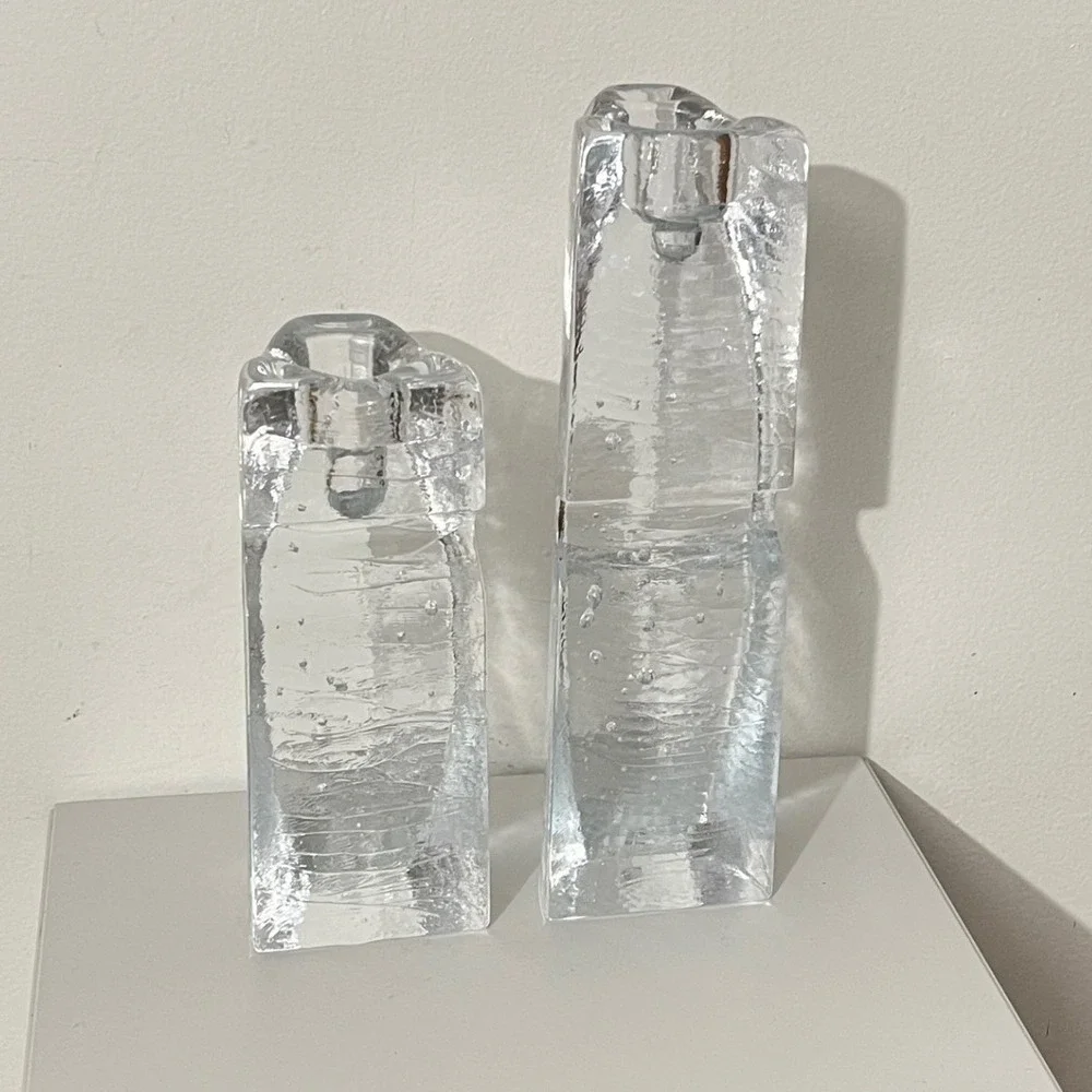 Kosta Boda Candle Holders  Clear Pippi Ice‎ Glass Vicke Lindstrand Set 2